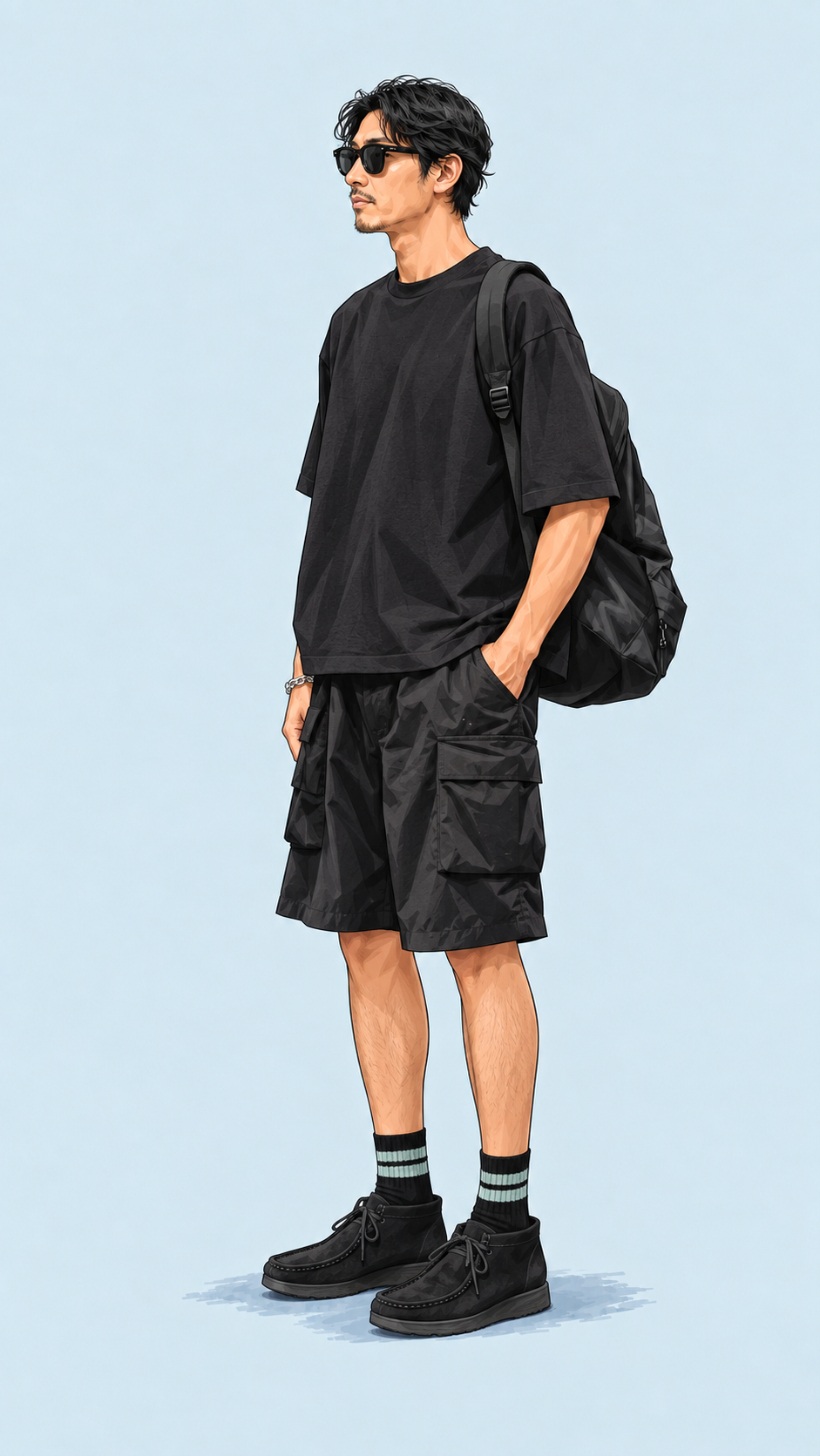LOOK 02：黒いTシャツ、黒いカーゴショーツ、黒いモカシンシューズとバックパック