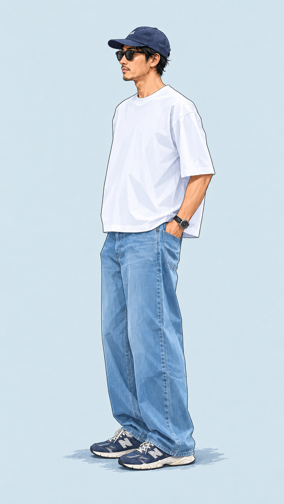 LOOK 03：白いTシャツ、ライトブルーのワイドデニムとスニーカー