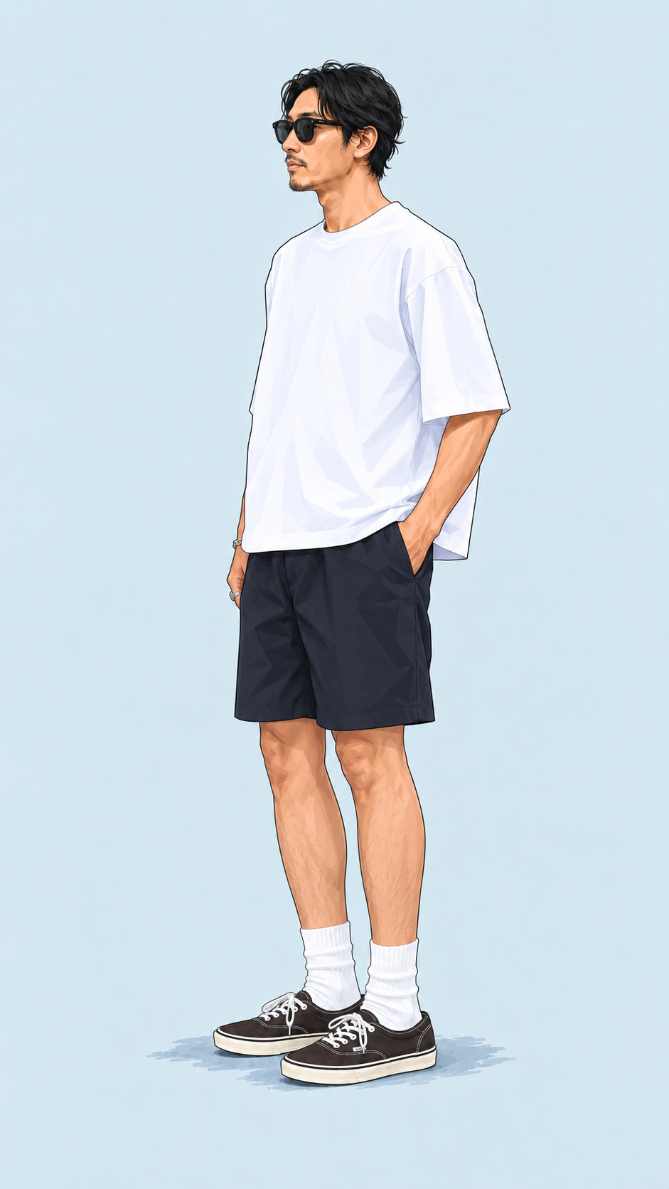 LOOK 04：白いTシャツ、ネイビーのショーツと黒いスニーカー