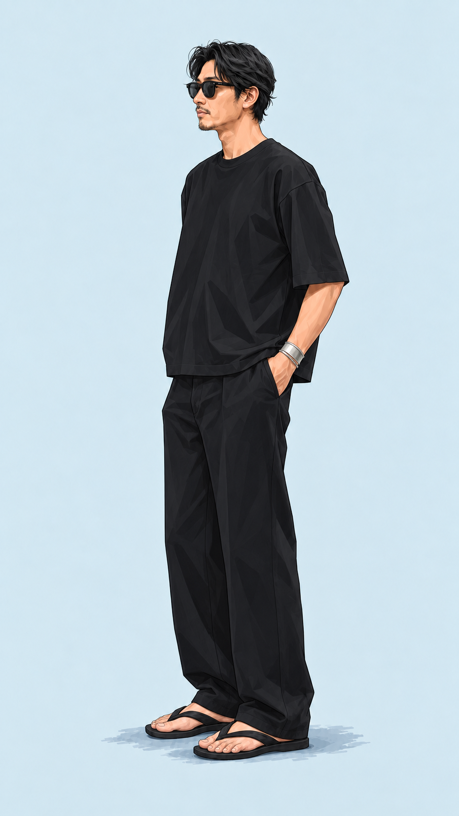 LOOK 05：黒いTシャツ、黒いワイドパンツとトングサンダル